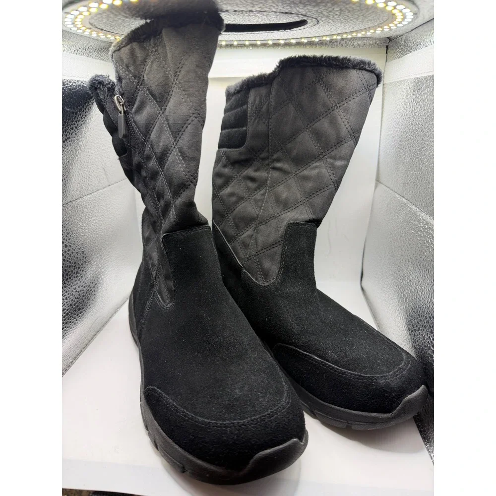 Lands End Womens Black Quilted Suede Thermolite Faux Fur Winter Boots 512918